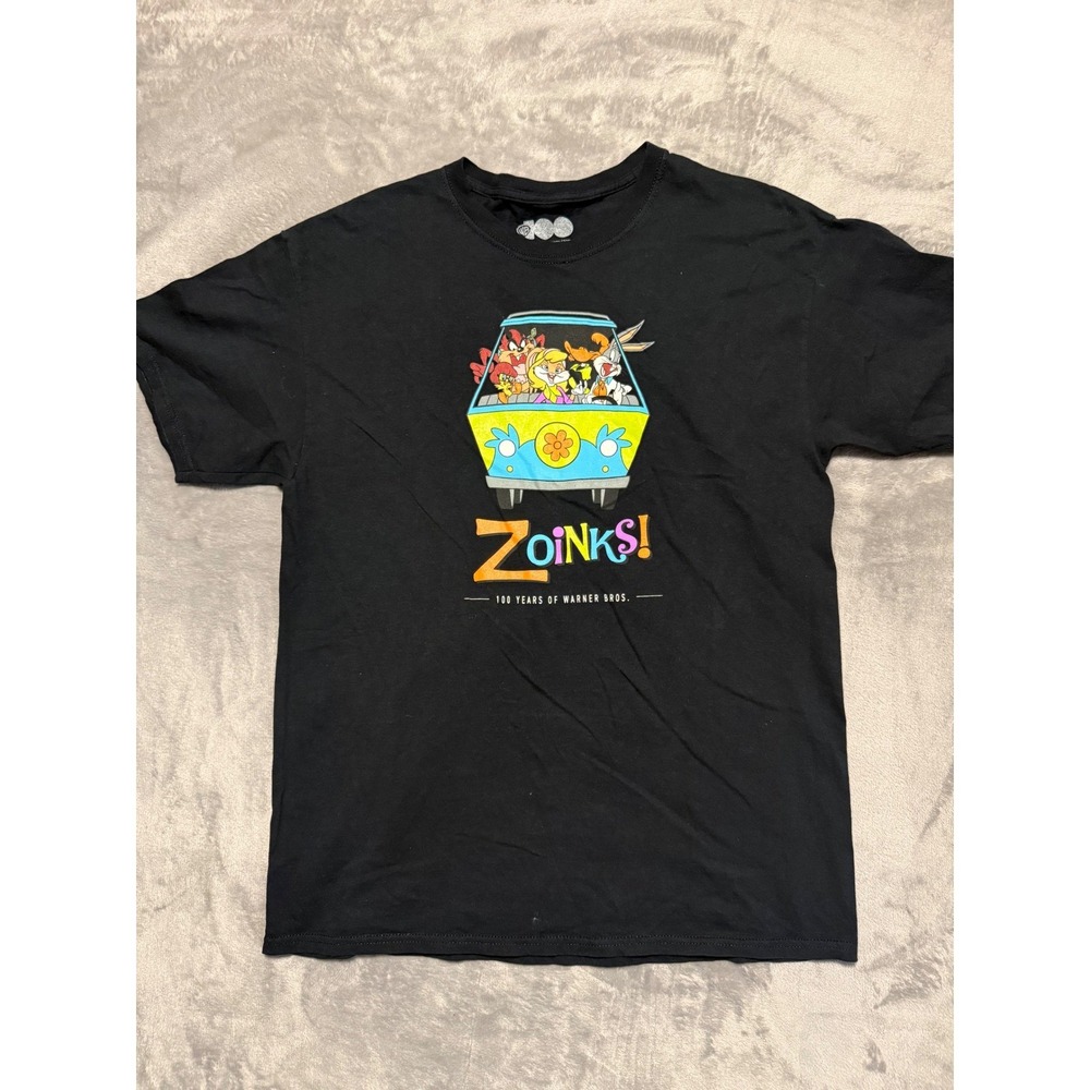 Warner Bros Graphic T-Shirt Men Large Black Looney Tunes Scooby Doo Zoinks 100th